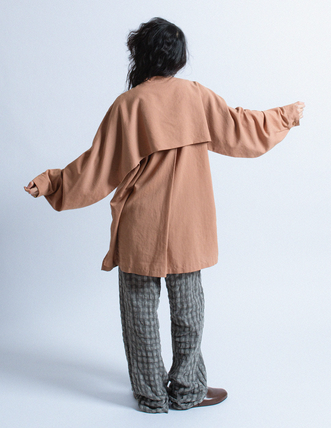 Issey Miyake taupe cotton blend shirt with back pleat back view