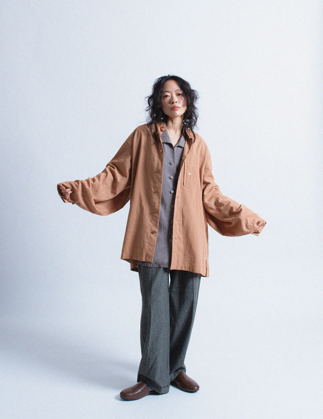 Issey Miyake taupe cotton blend shirt with back pleat