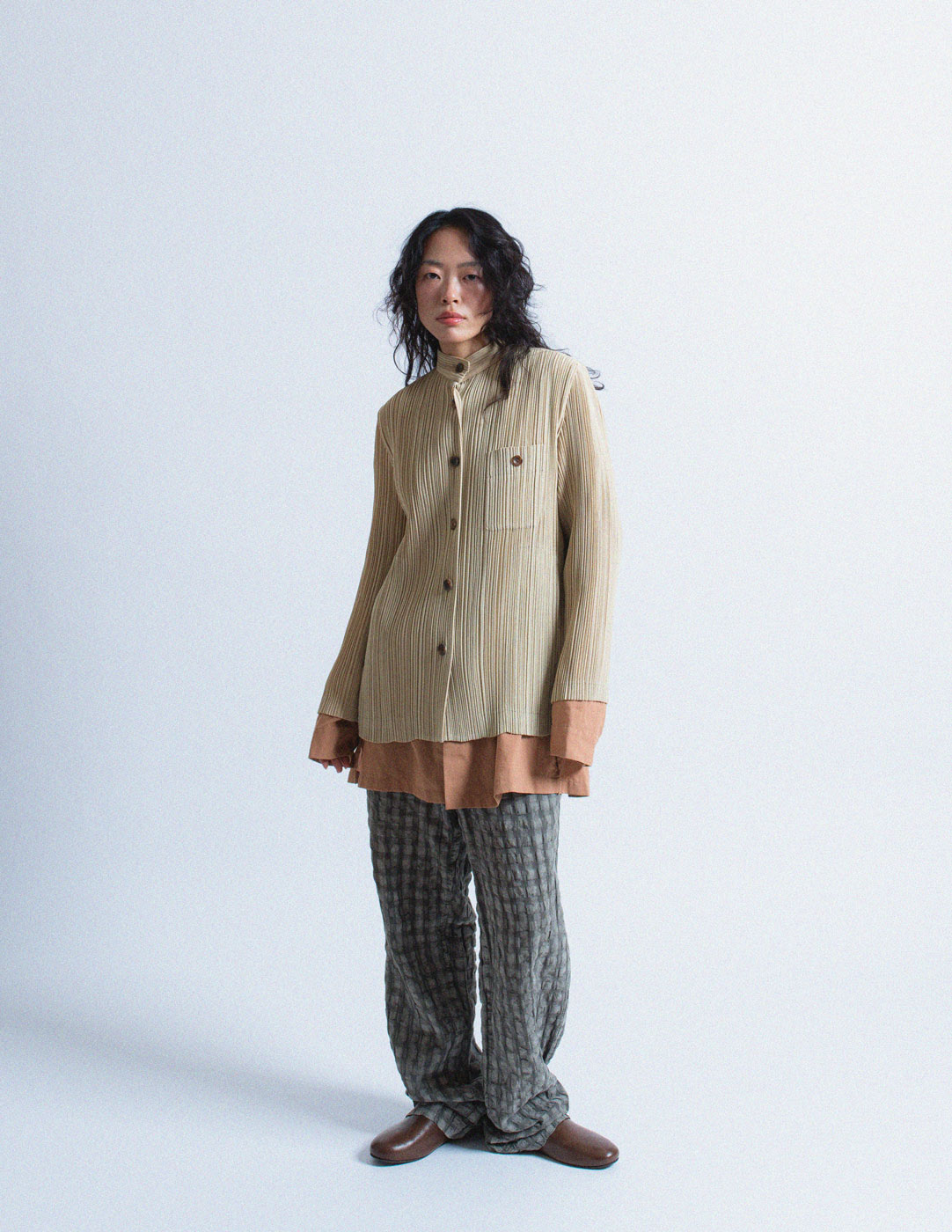 Issey Miyake beige pleated stand collar jacket
