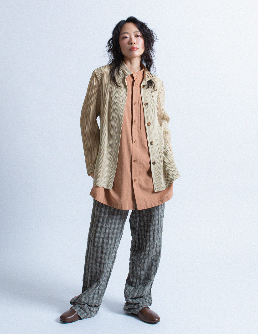 Issey Miyake beige pleated stand collar jacket
