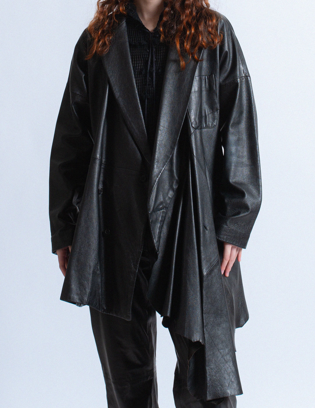 vintage asymmetrical draped leather coat with hood