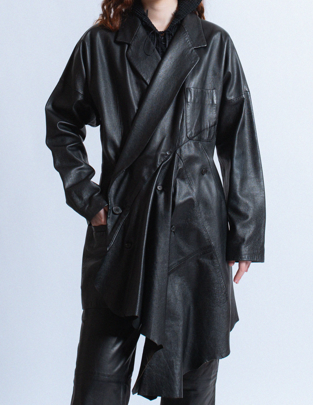 vintage asymmetrical draped leather coat with hood