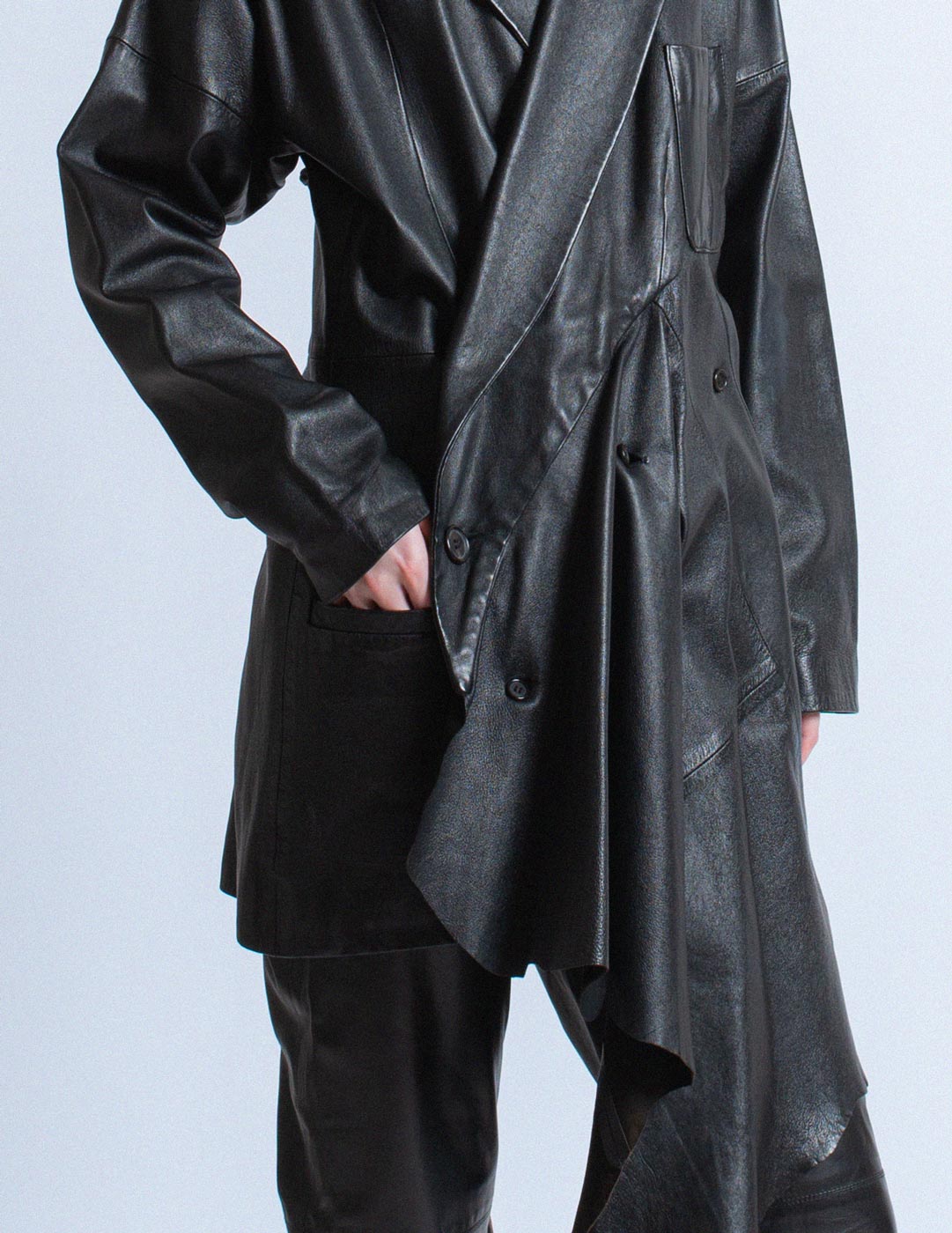 vintage asymmetrical draped leather coat with hood