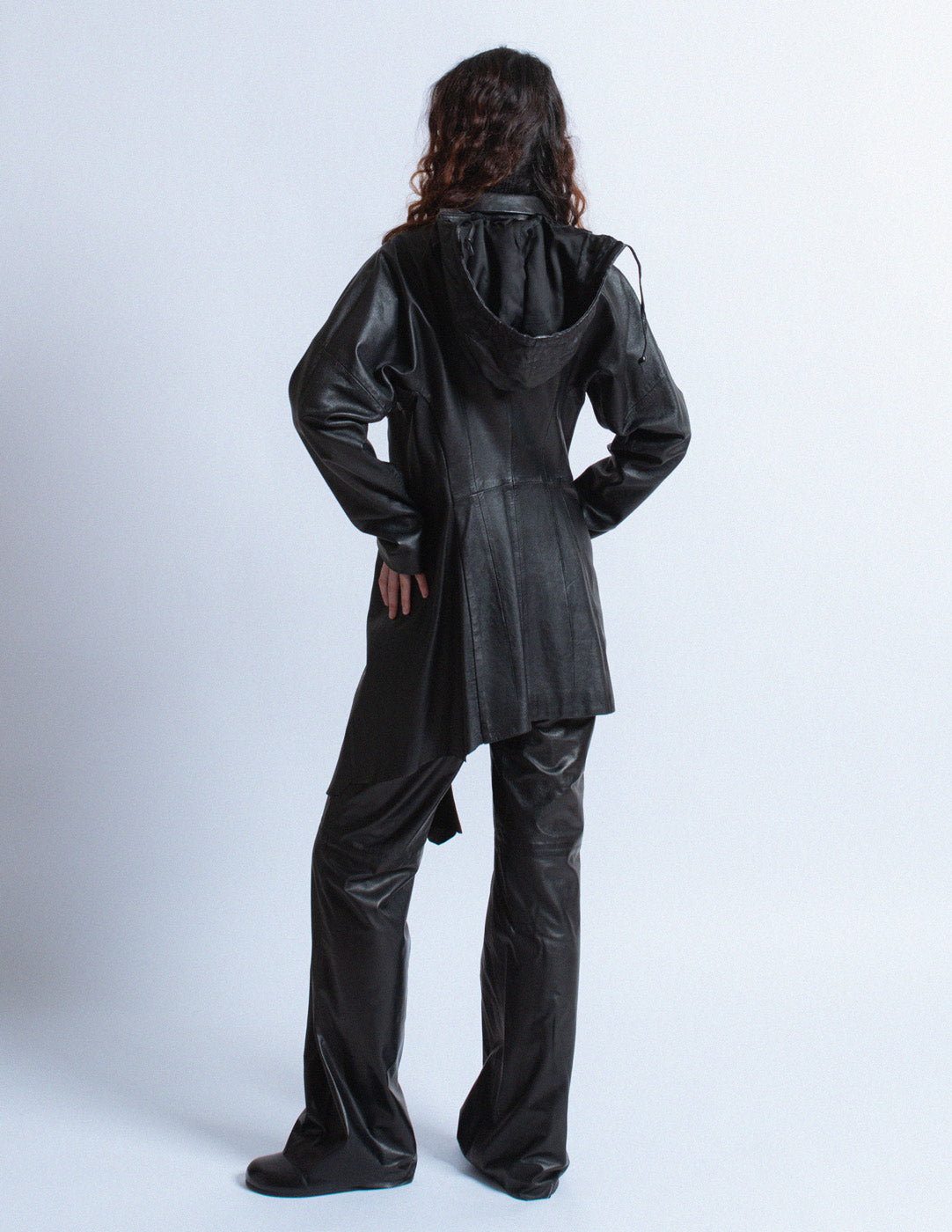 vintage asymmetrical draped leather coat with hood