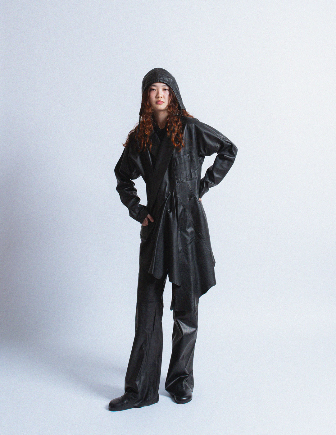 vintage asymmetrical draped leather coat with hood