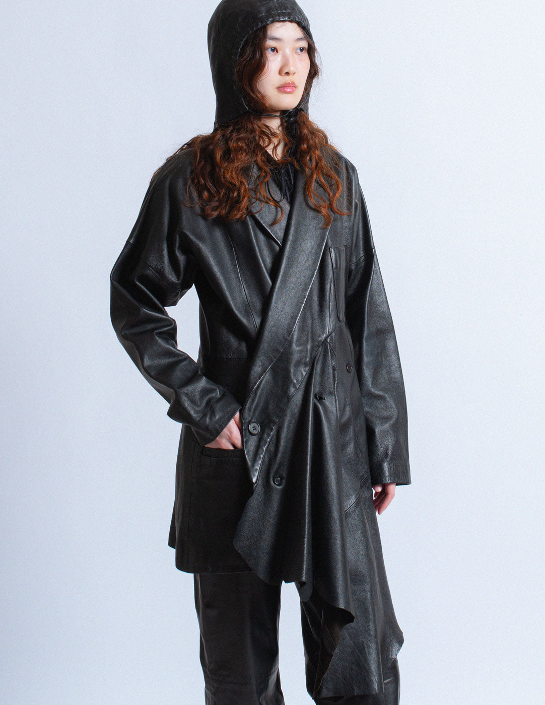 vintage asymmetrical draped leather coat with hood