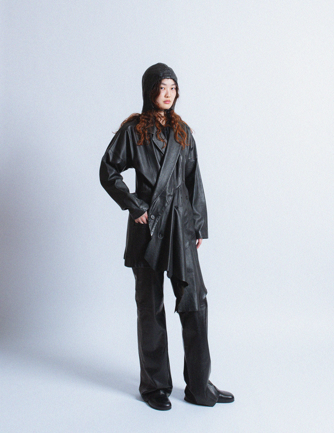 vintage asymmetrical draped leather coat with hood