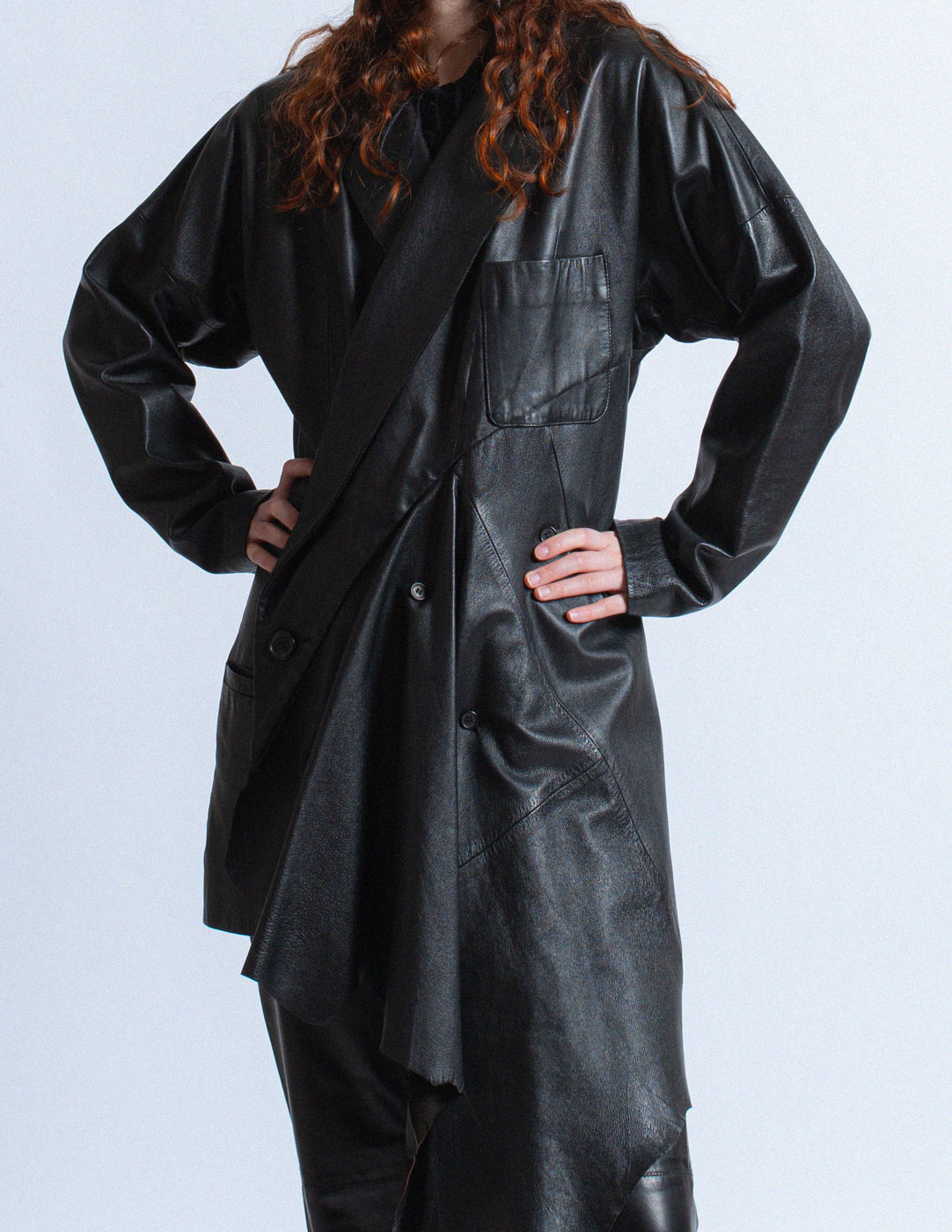 vintage asymmetrical draped leather coat with hood