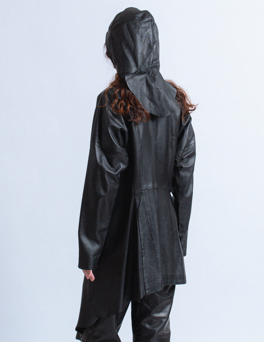 vintage asymmetrical draped leather coat with hood