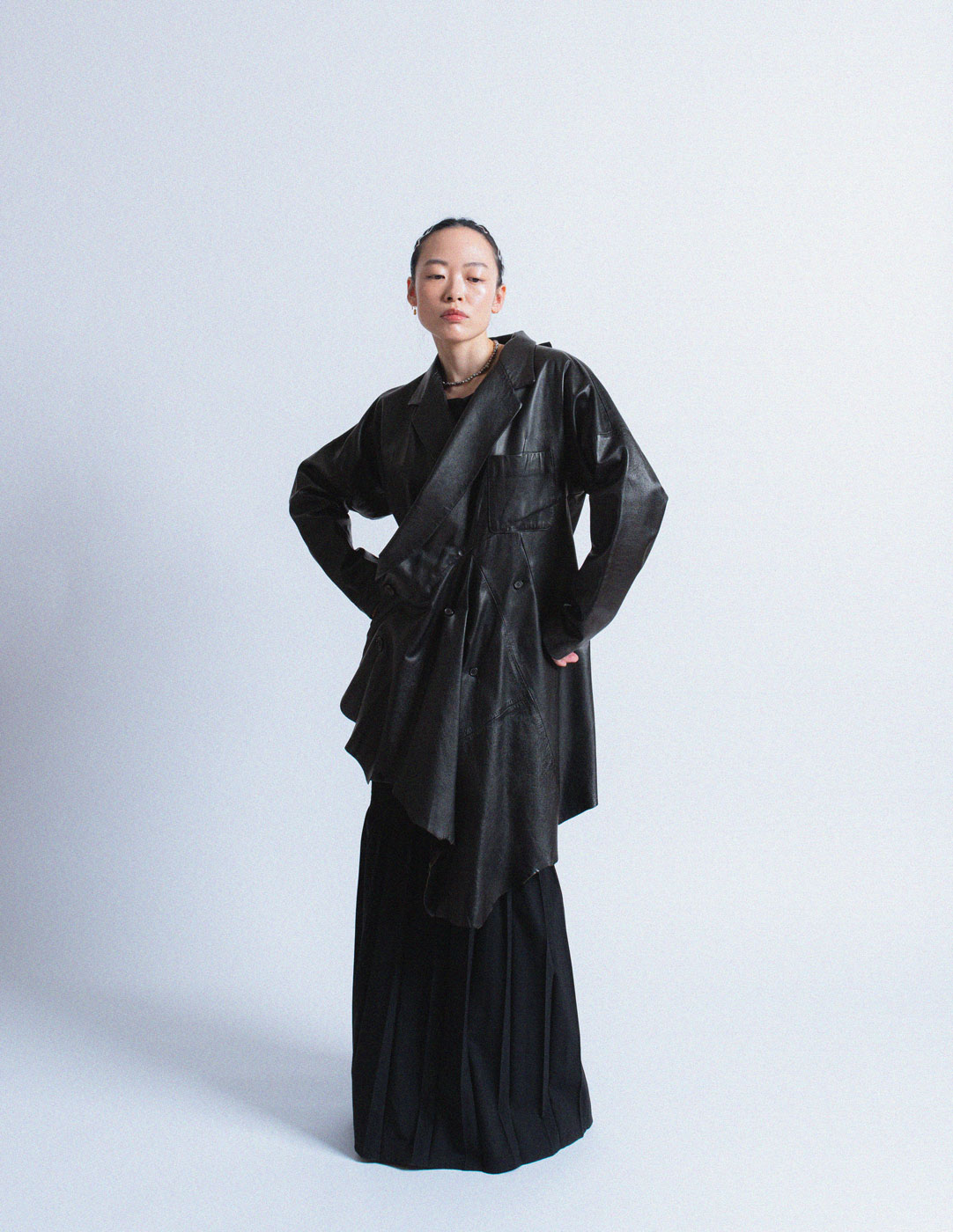 vintage asymmetrical draped leather coat with hood