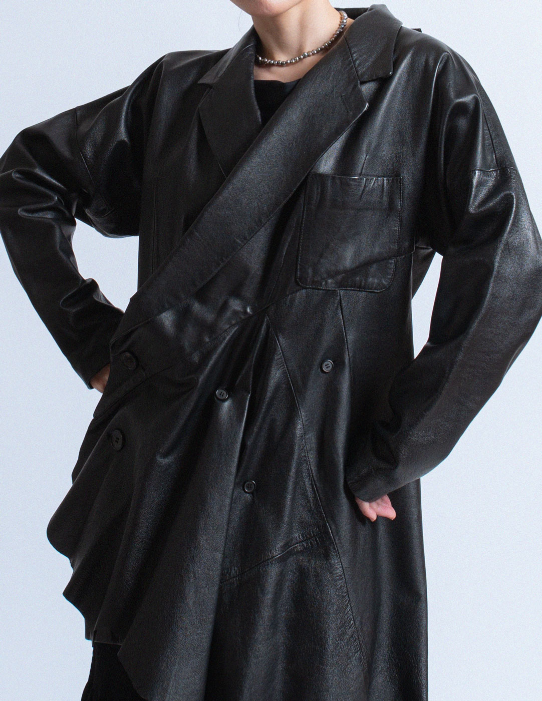 vintage asymmetrical draped leather coat with hood