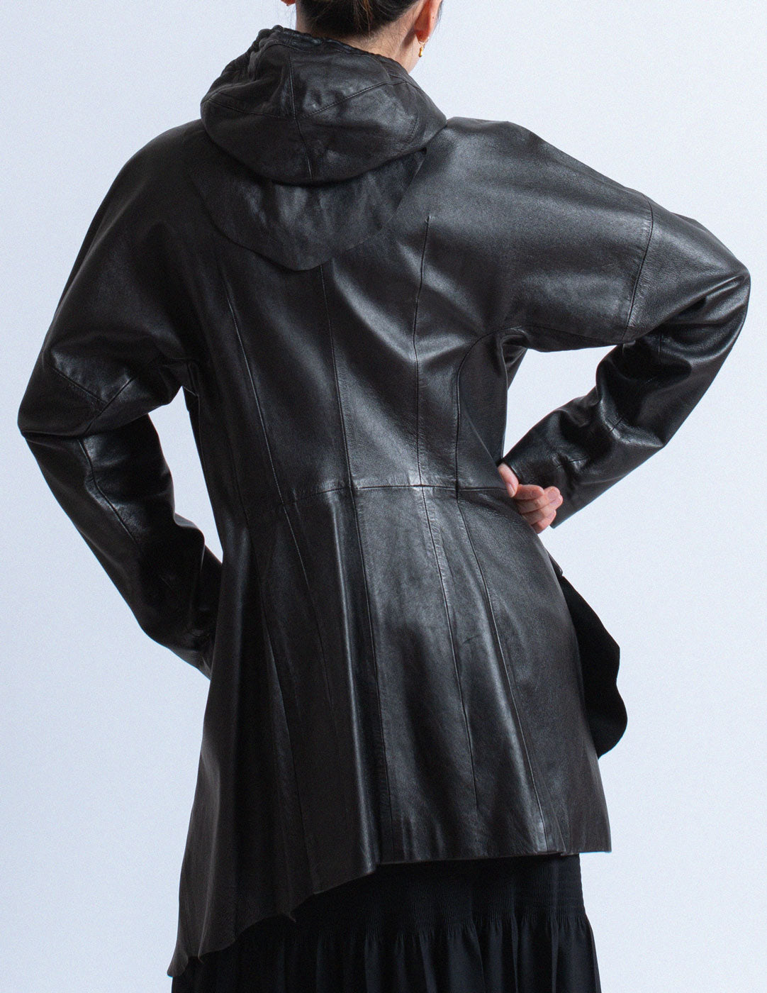 vintage asymmetrical draped leather coat with hood