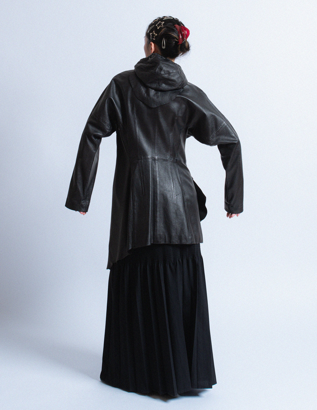 vintage asymmetrical draped leather coat with hood