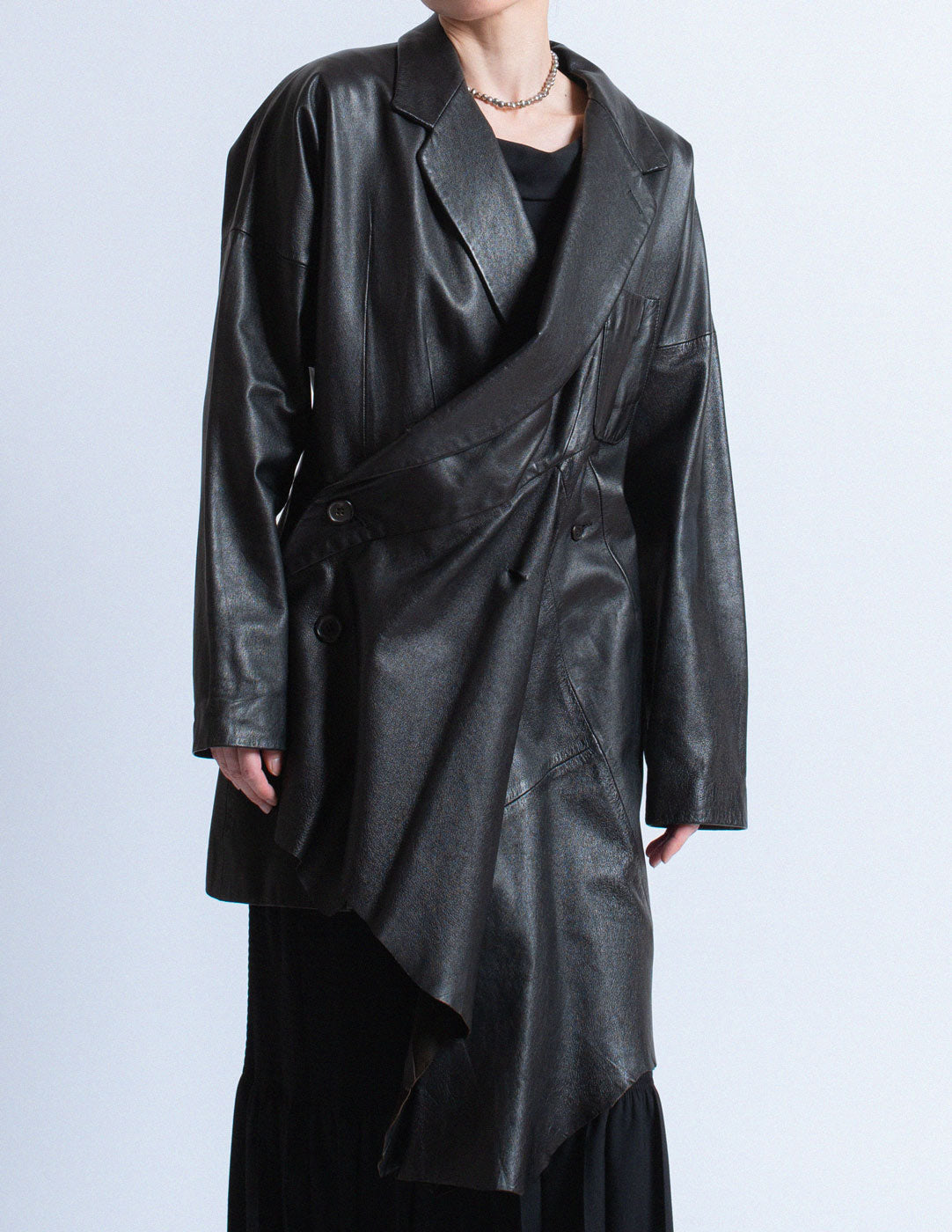 vintage asymmetrical draped leather coat with hood