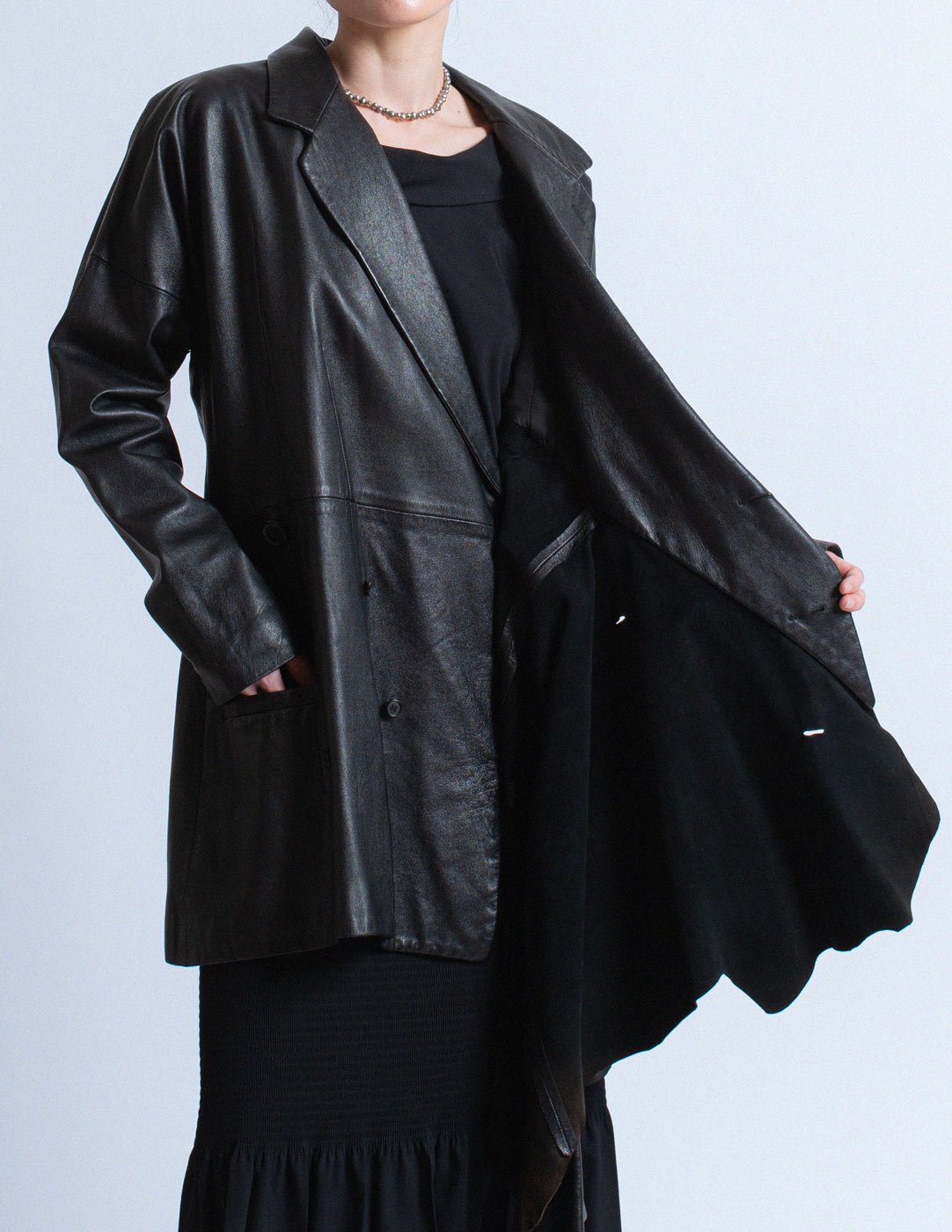 vintage asymmetrical draped leather coat with hood