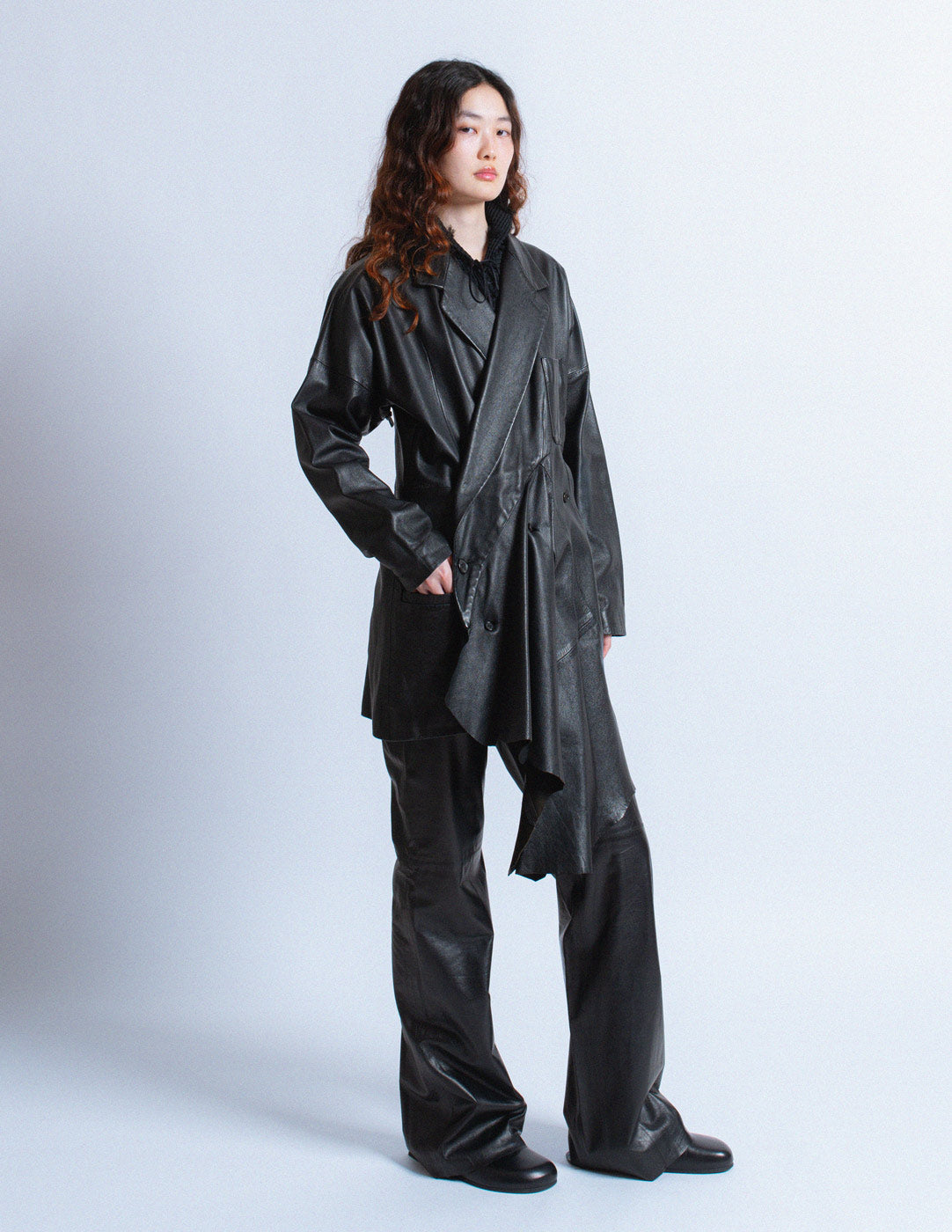 vintage asymmetrical draped leather coat with hood