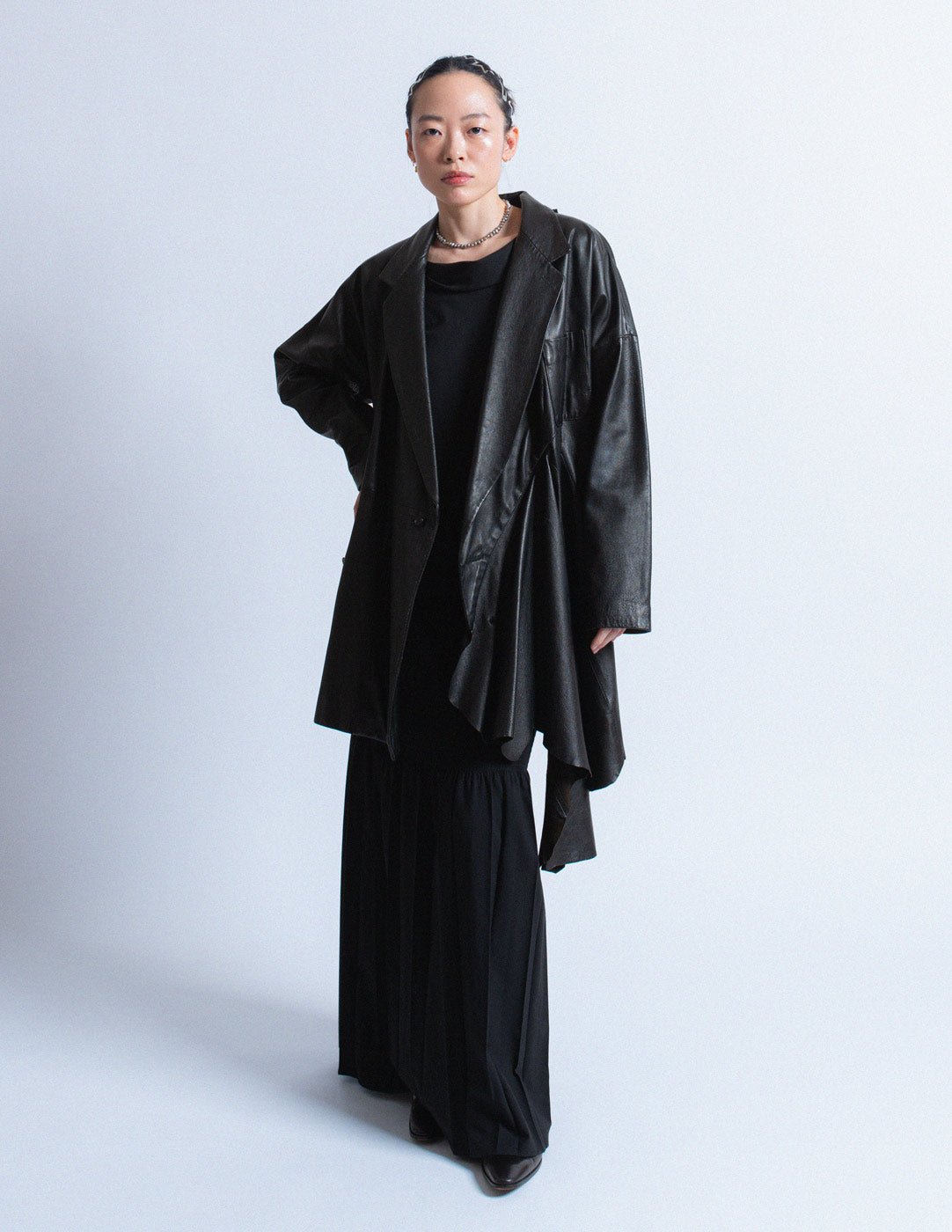 vintage asymmetrical draped leather coat with hood