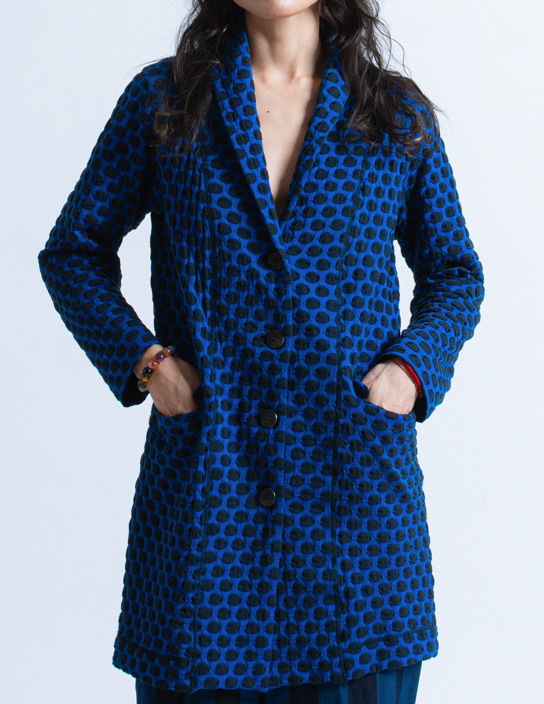 Issey Miyake blue textured polkadot cotton blend jacket front view