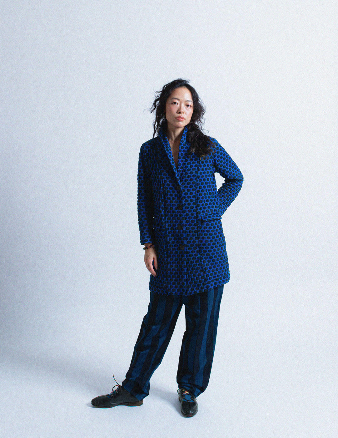 Issey Miyake blue textured polkadot cotton blend jacket