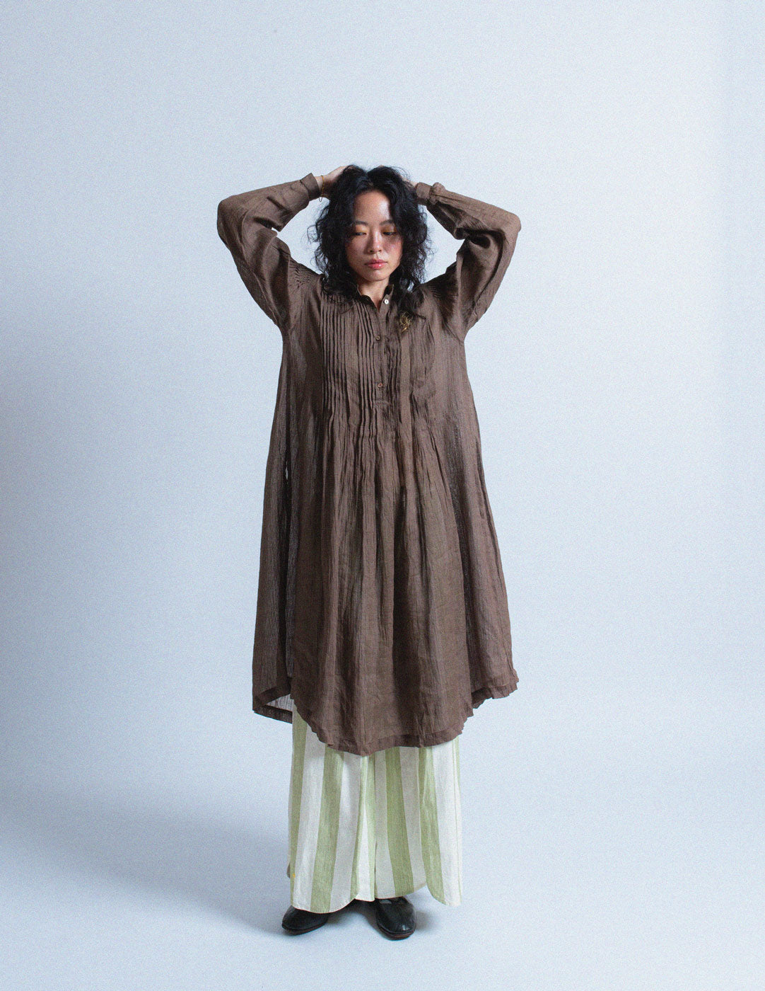 Issey Miyake vintage chocolate linen smocked dress