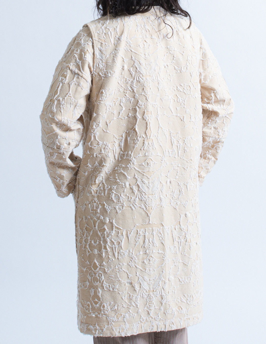 Issey Miyake reversible jacquard long waistcoat and jacket set back detail