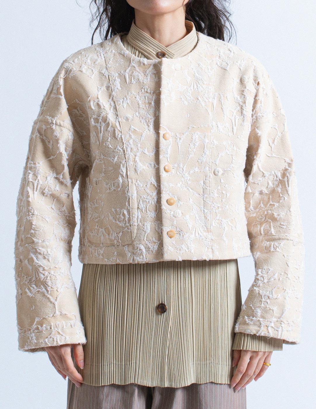 Issey Miyake reversible jacquard long waistcoat and jacket set detail