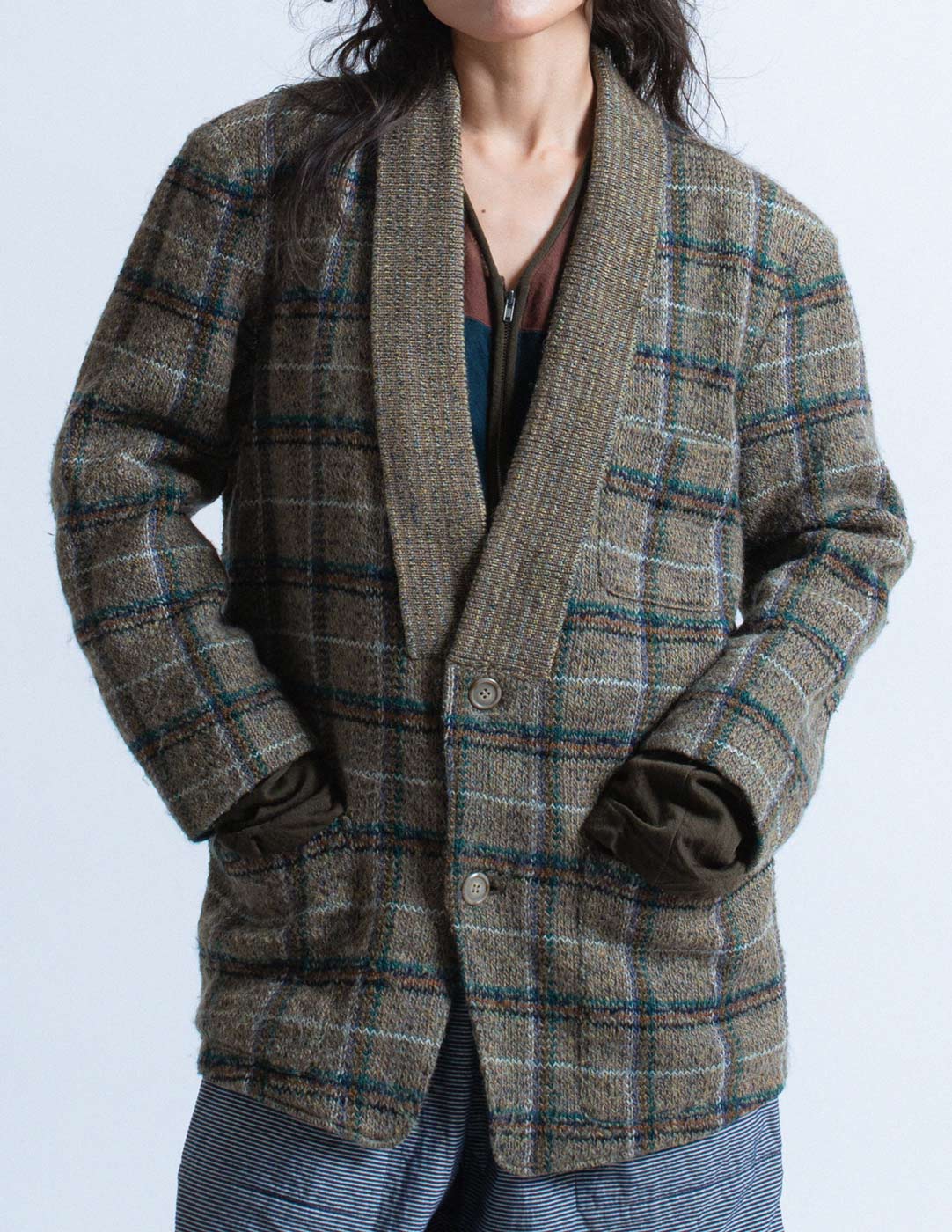 Issey Miyake Men vintage plaid knit blazer front detail