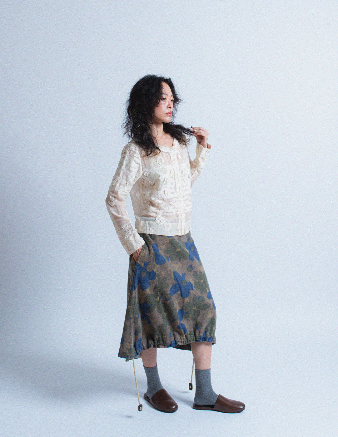 Yohji Yamamoto olive tone floral wool skirt