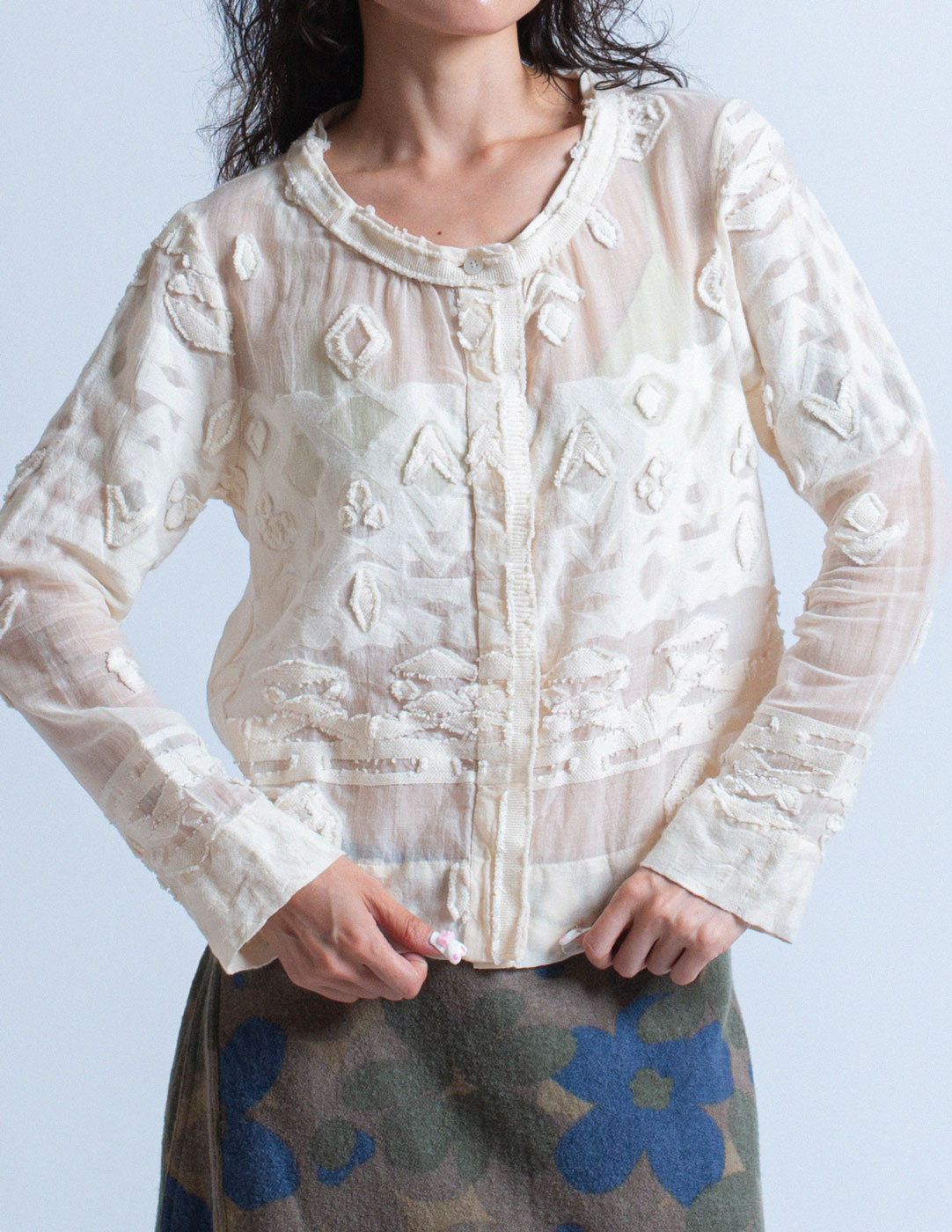 Issey Miyake off white sheer cotton blend cardigan detail