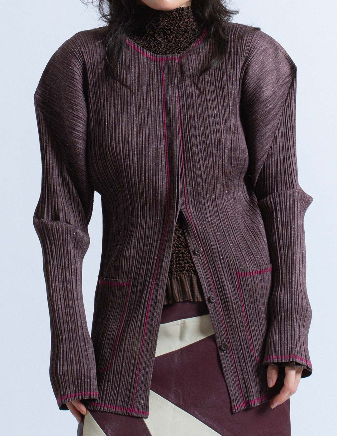 Issey Miyake speckled deep plum pleated button down detail