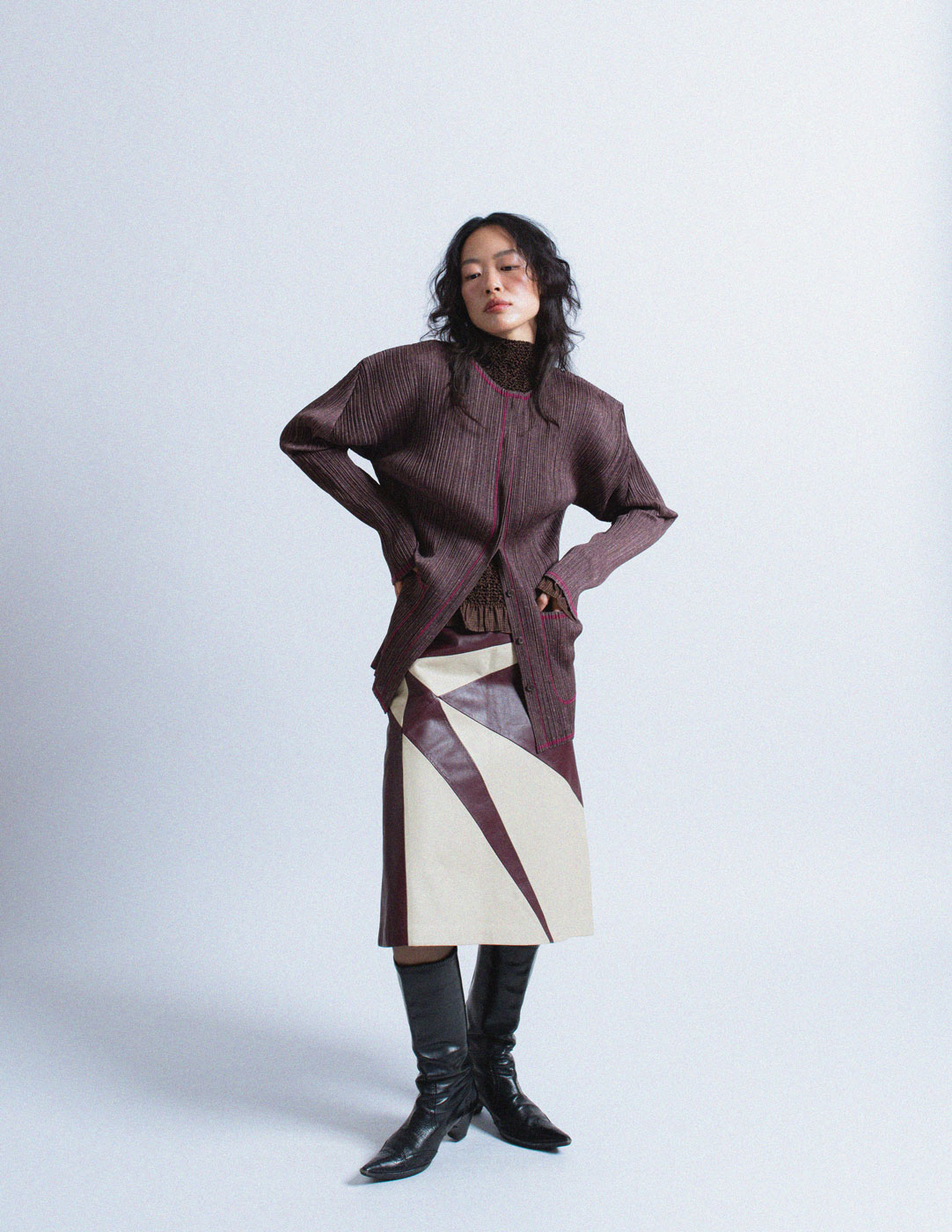 Issey Miyake speckled deep plum pleated button down