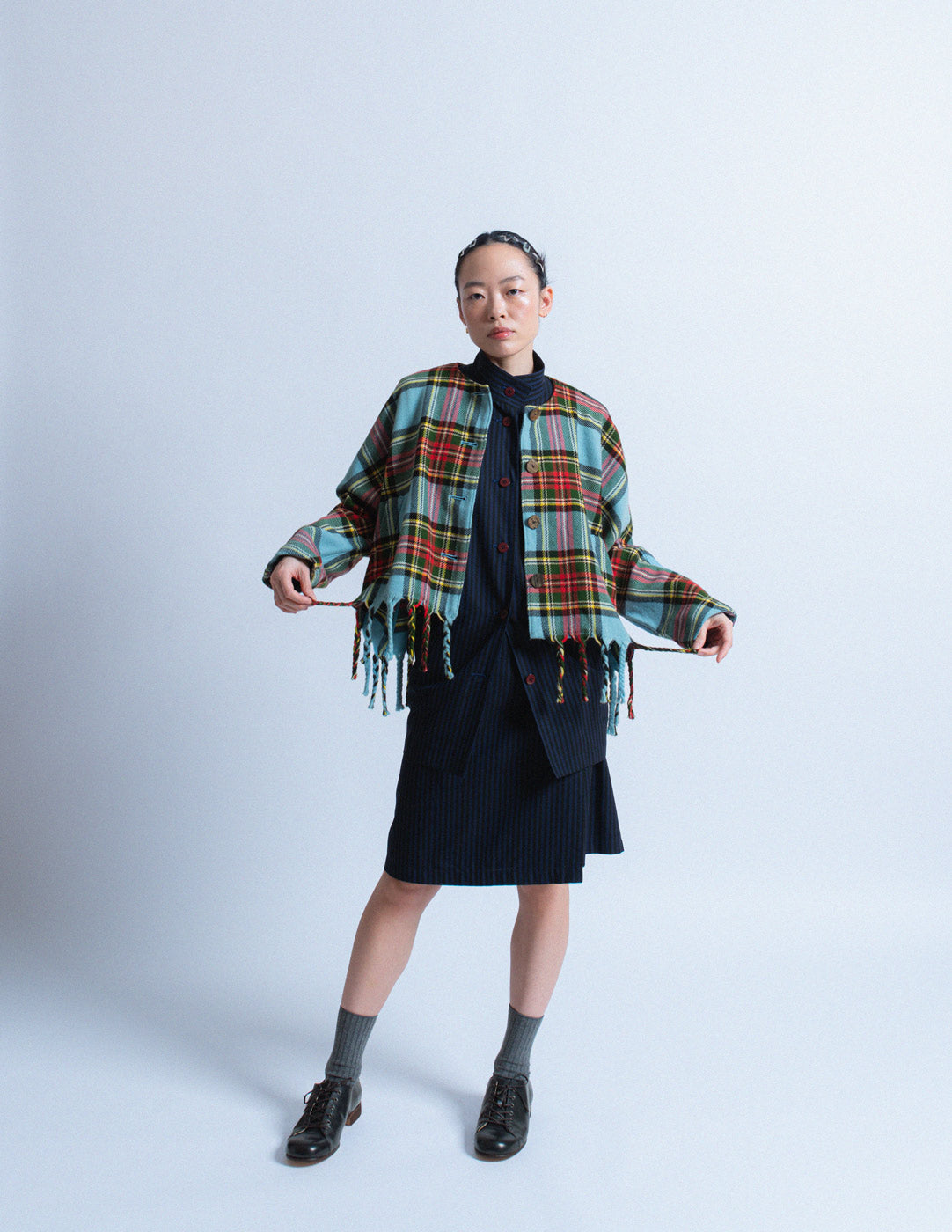 Issey Miyake vintage blue and red tartan jacket with fringes