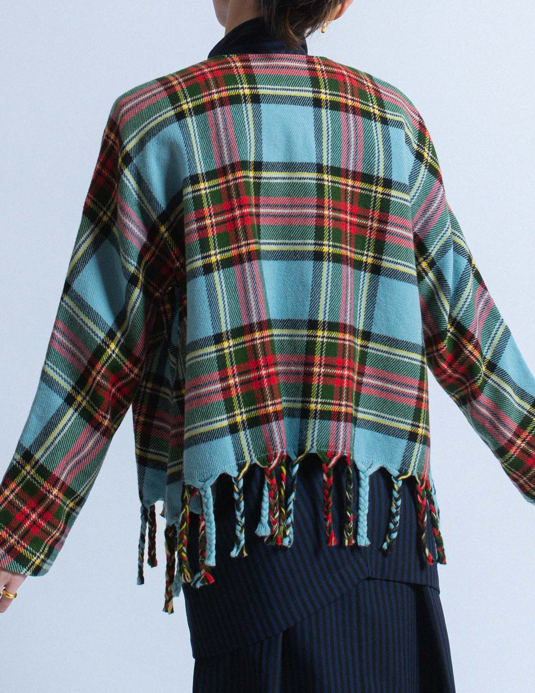 Issey Miyake vintage blue and red tartan jacket with fringes back detail