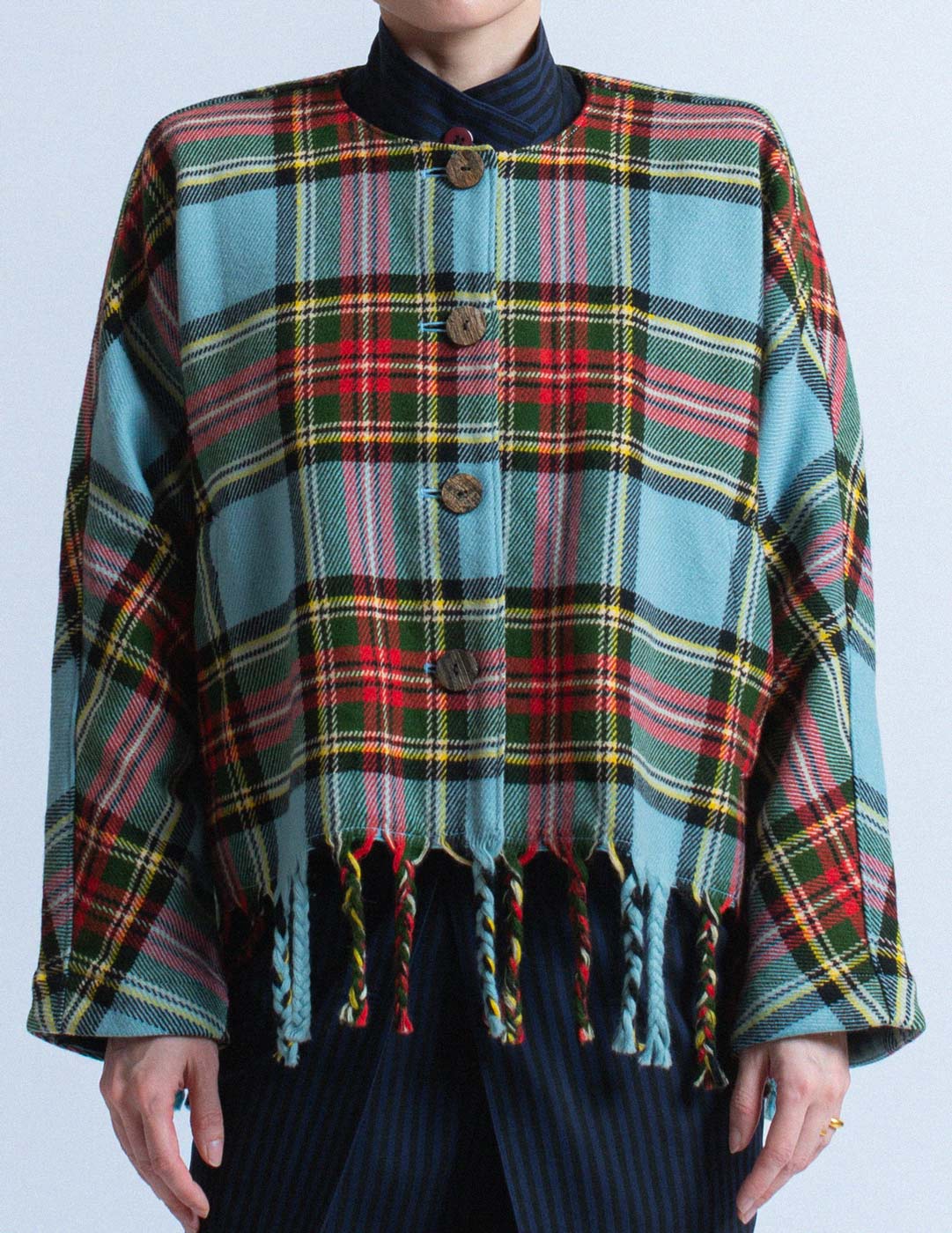 Issey Miyake vintage blue and red tartan jacket with fringes front detail