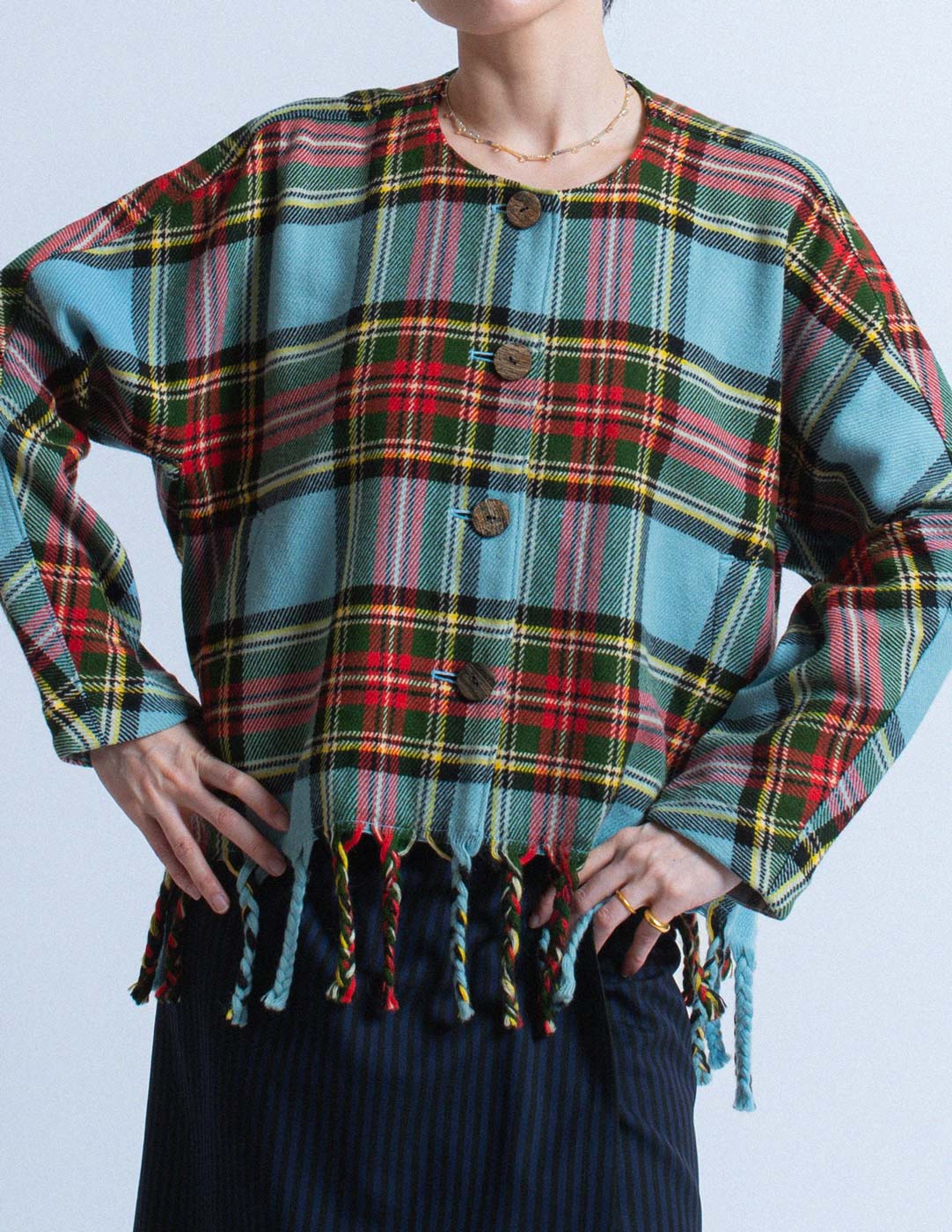 Issey Miyake vintage blue and red tartan jacket with fringes front detail