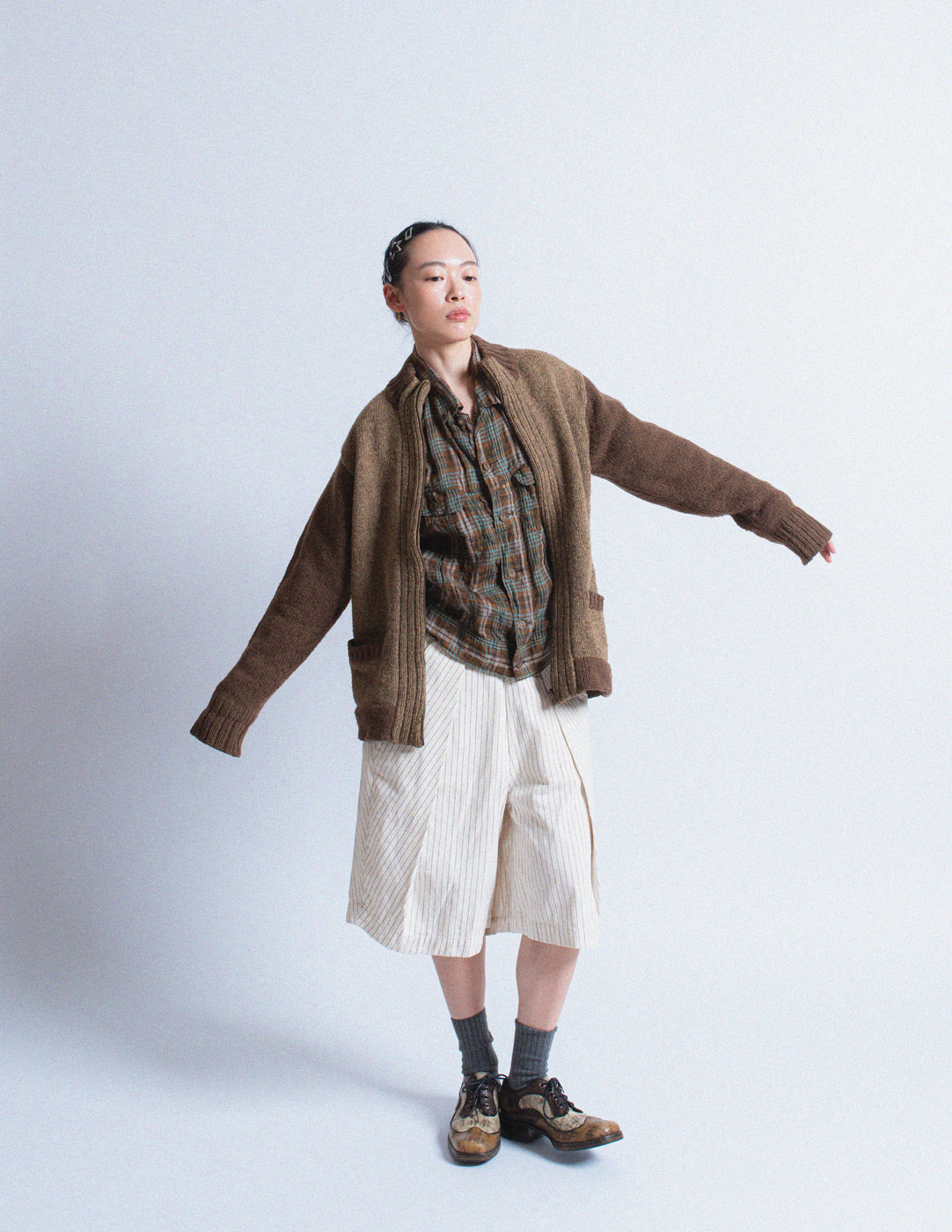 vintage brown textured wool zip-up jacket