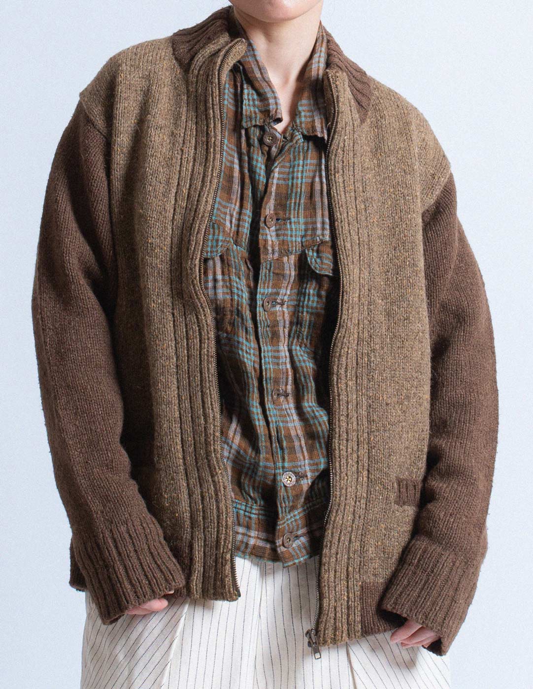 vintage brown textured wool zip-up jacket