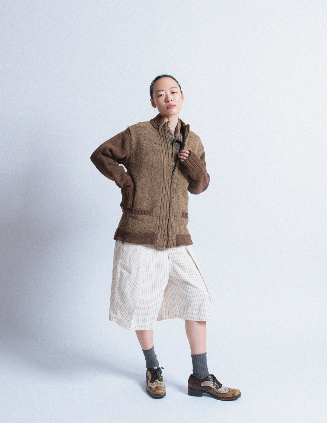 vintage brown textured wool zip-up jacket