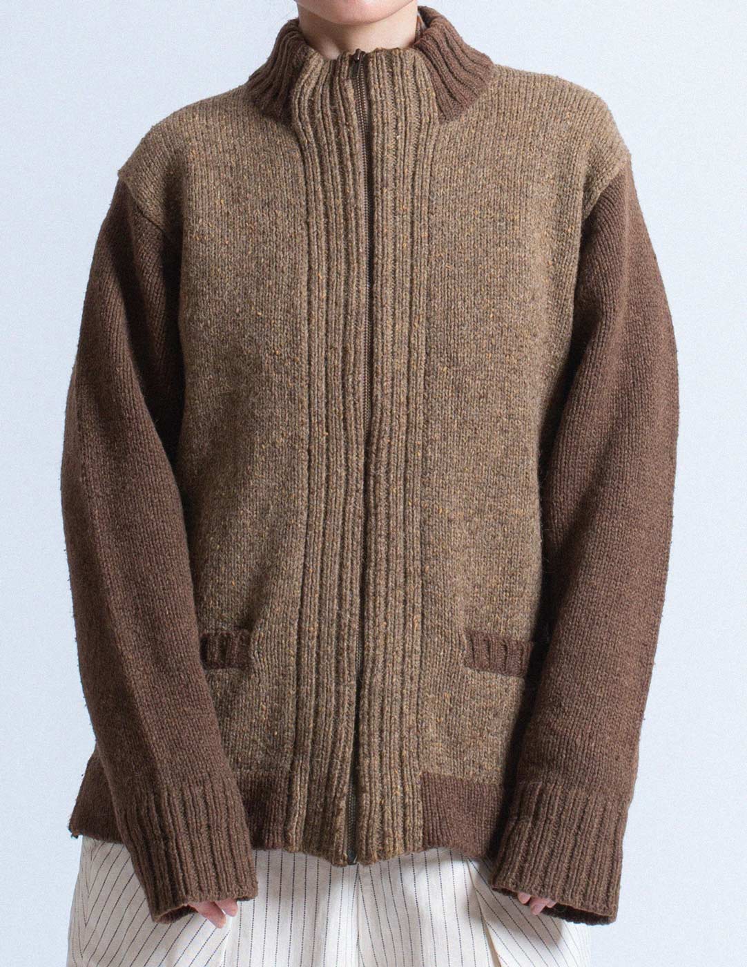 vintage brown textured wool zip-up jacket