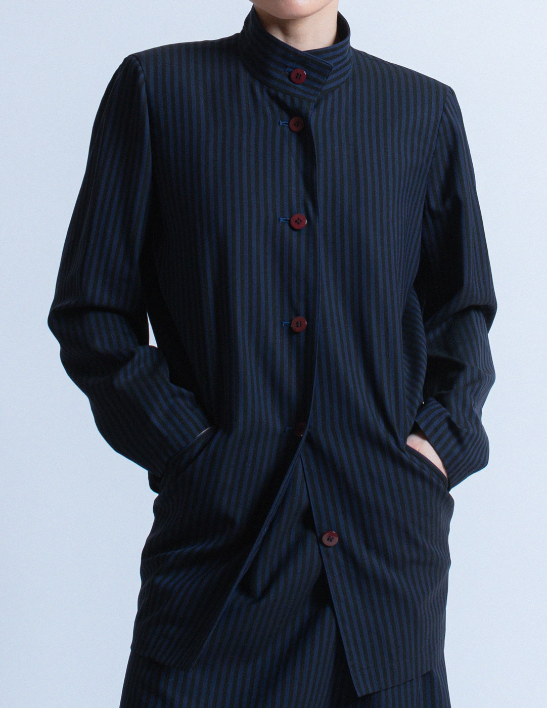 Issey Miyake vintage navy pinstriped skirt set detail