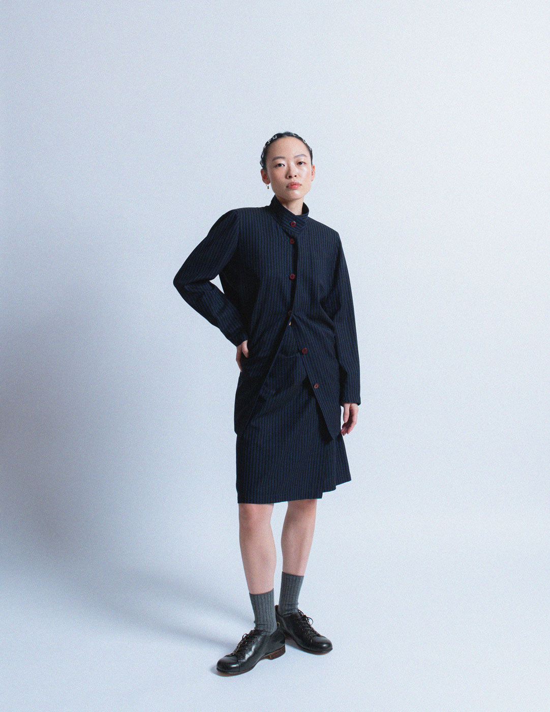 Issey Miyake vintage navy pinstriped skirt set