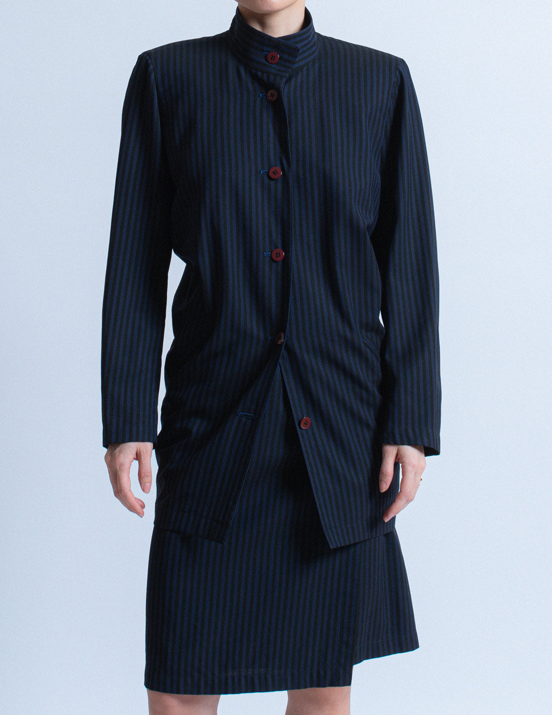 Issey Miyake vintage navy pinstriped skirt set front