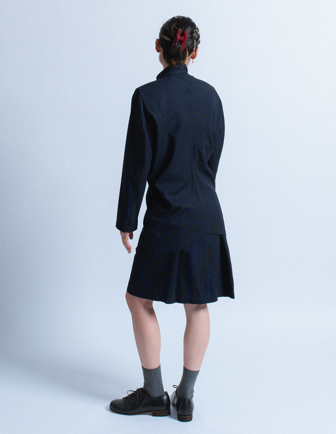 Issey Miyake vintage navy pinstriped skirt set back view
