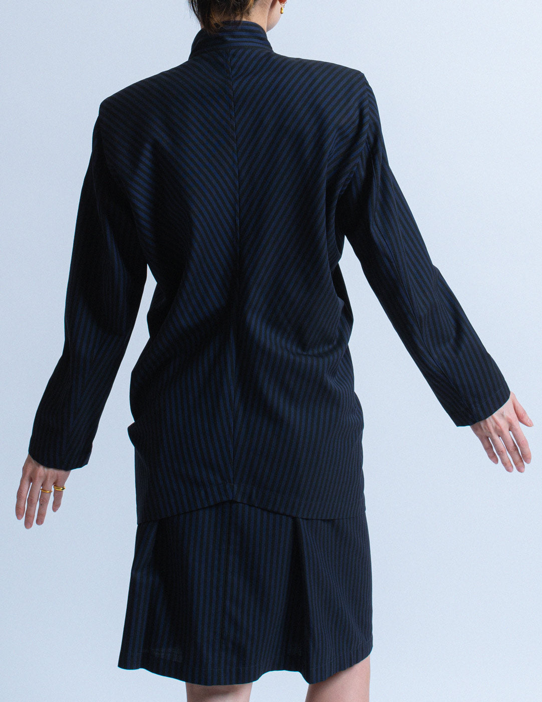Issey Miyake vintage navy pinstriped skirt set back detail