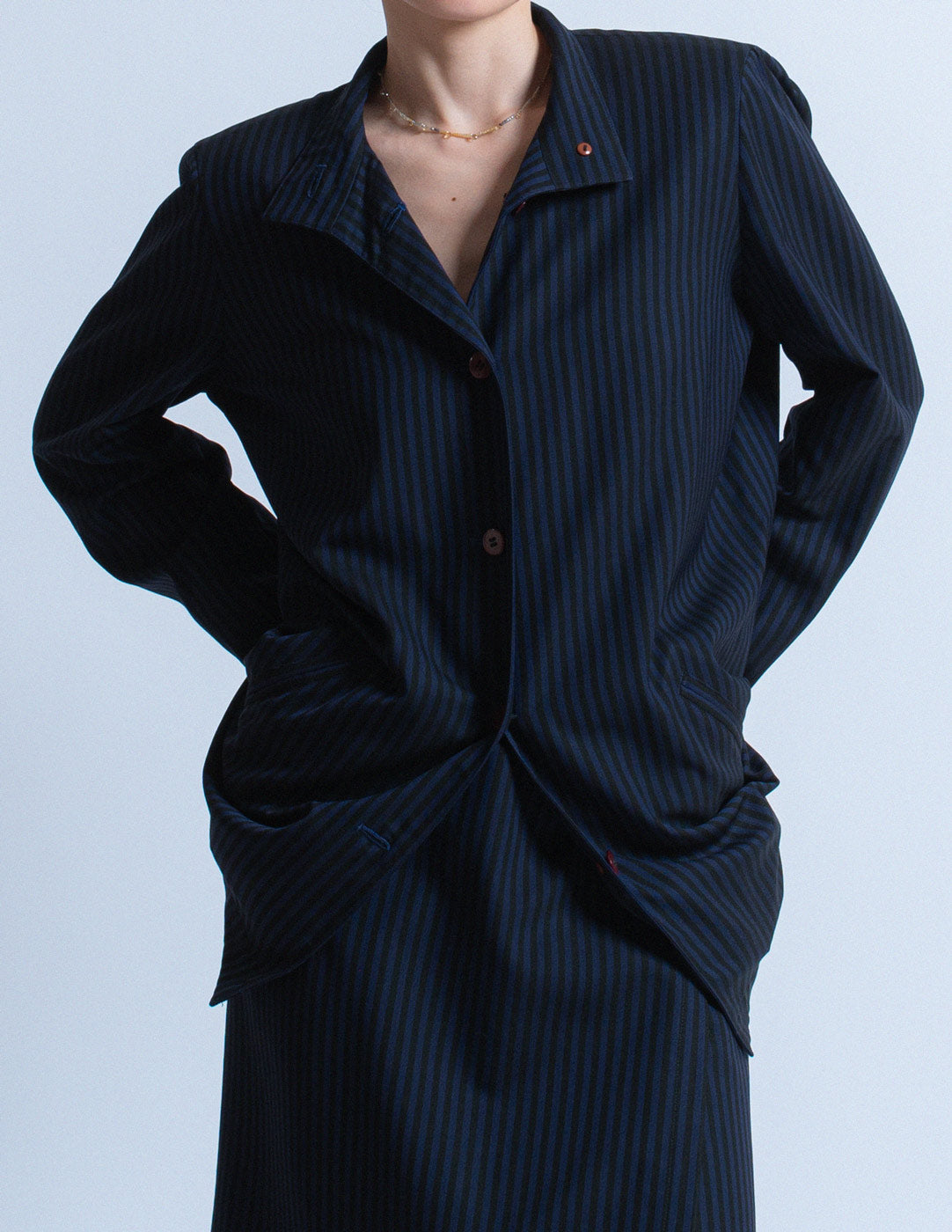 Issey Miyake vintage navy pinstriped skirt set detail