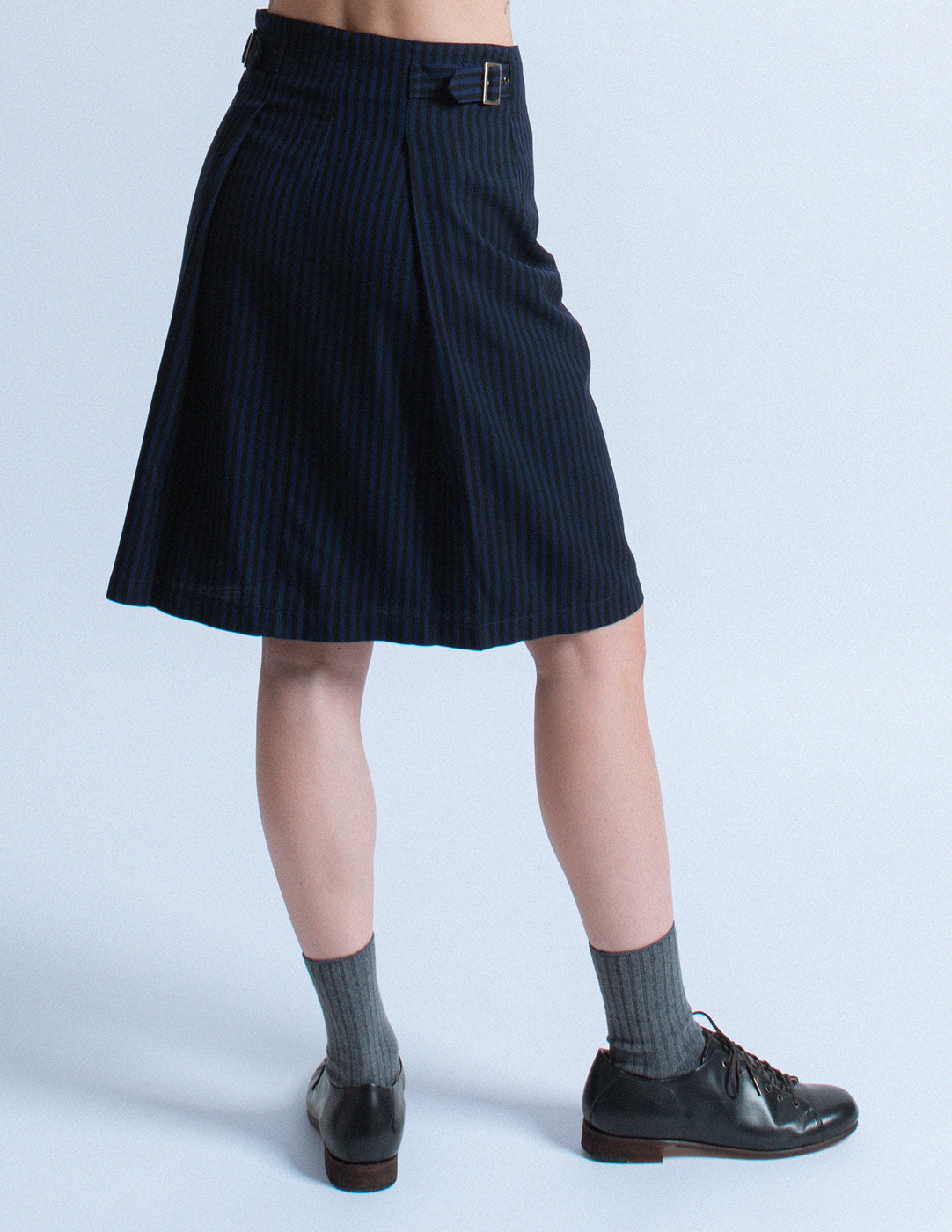 Issey Miyake vintage navy pinstriped skirt set skirt back detail