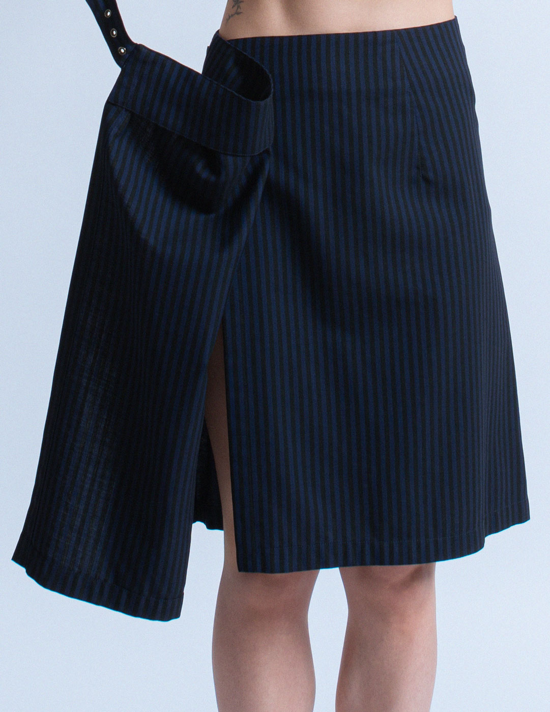 Issey Miyake vintage navy pinstriped skirt set wrap detail