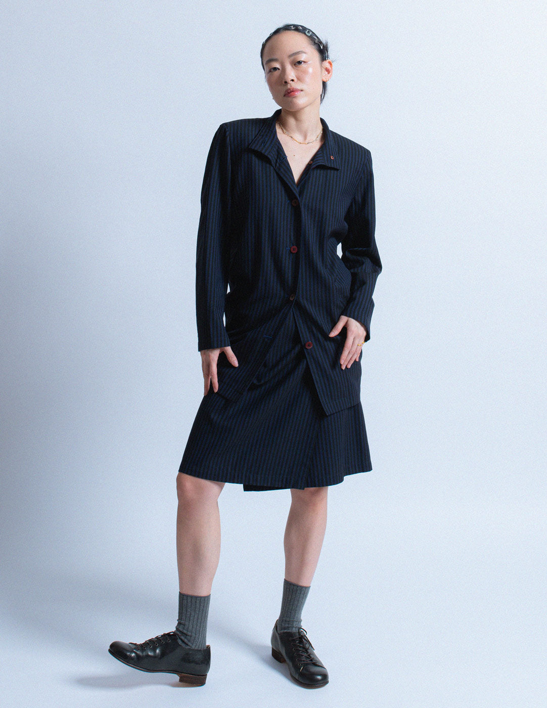 Issey Miyake vintage navy pinstriped skirt set