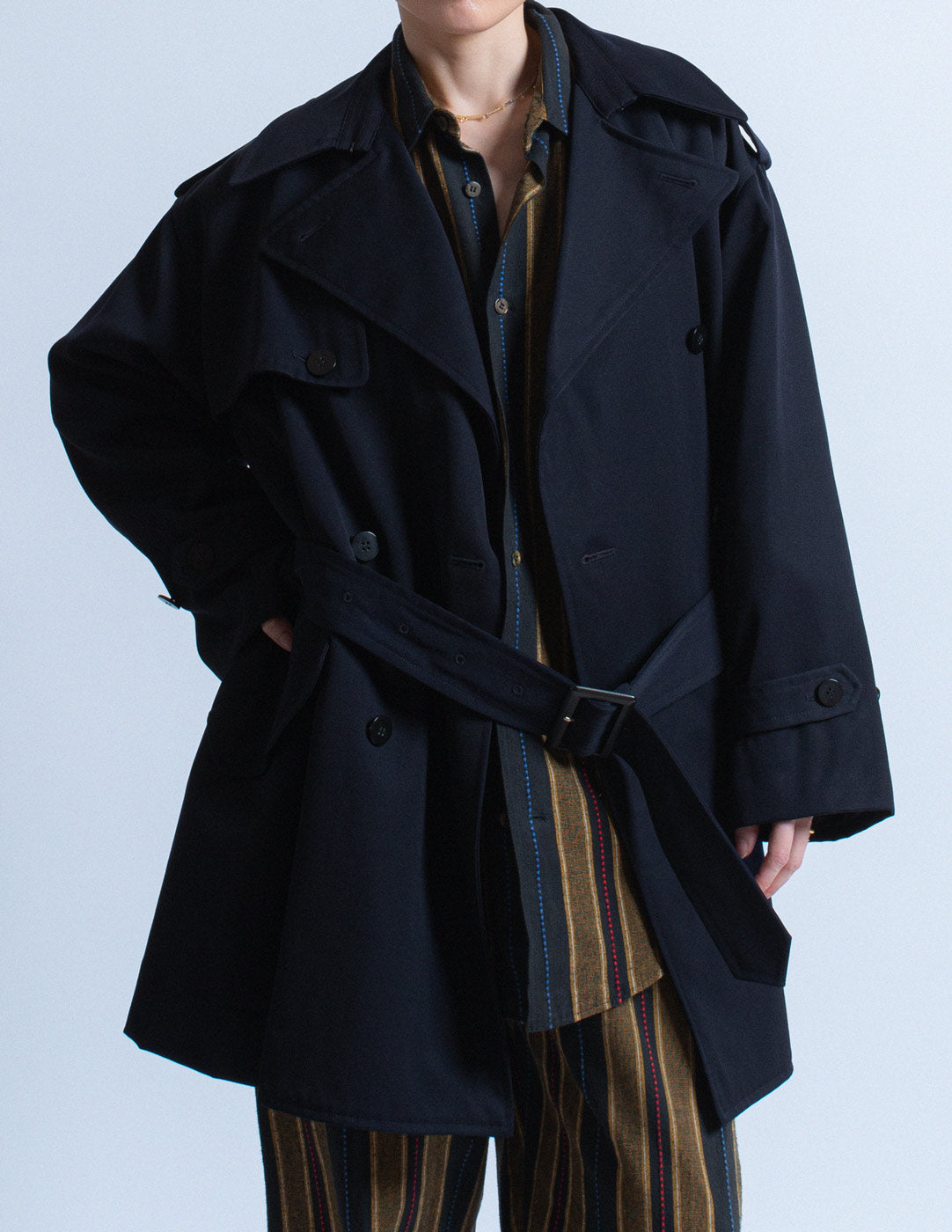 Issey Miyake vintage navy short wool trench front detail