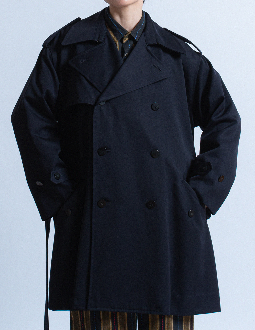 Issey Miyake vintage navy short wool trench front detail